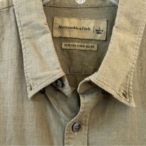 Abercrombie & Fitch Olive Moss Green Linen Blend Short Sleeve Button Down Shirt - Picture 6 of 6